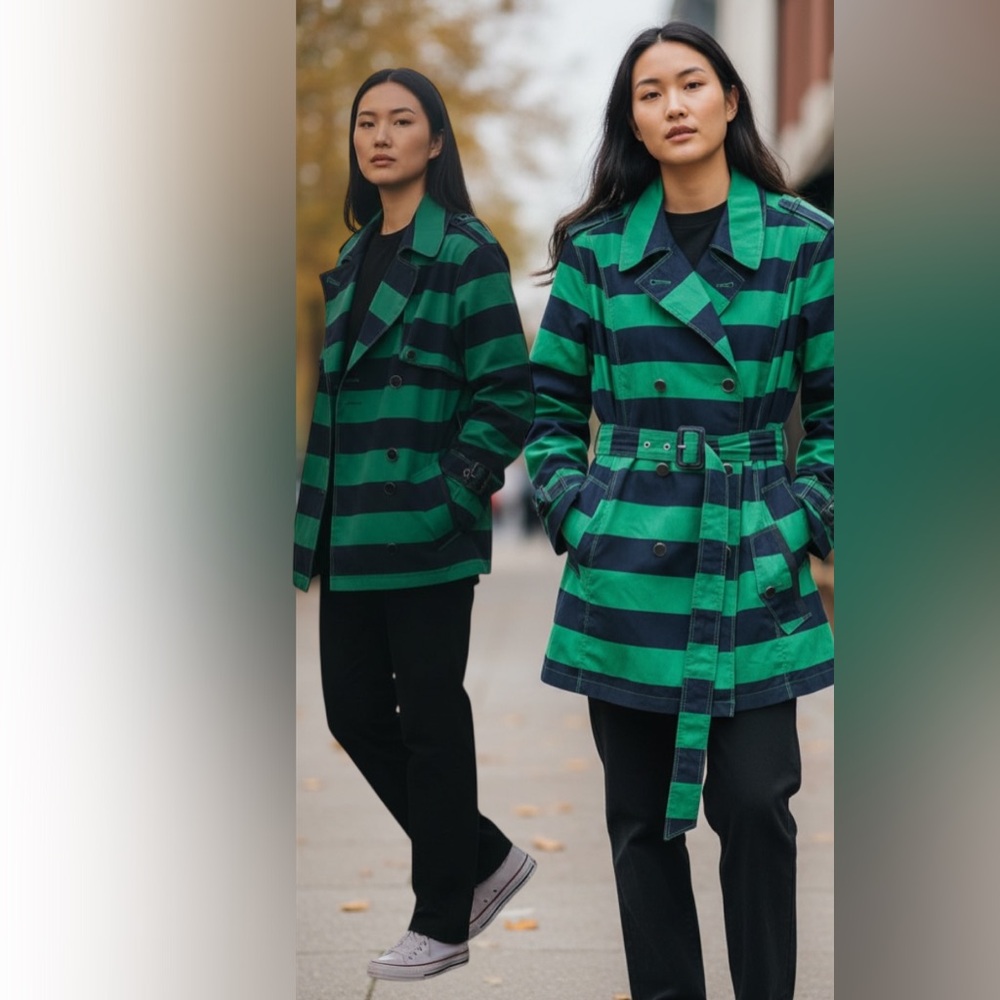 Tommy Hilfiger Green and Navy Striped Trench Coat XL